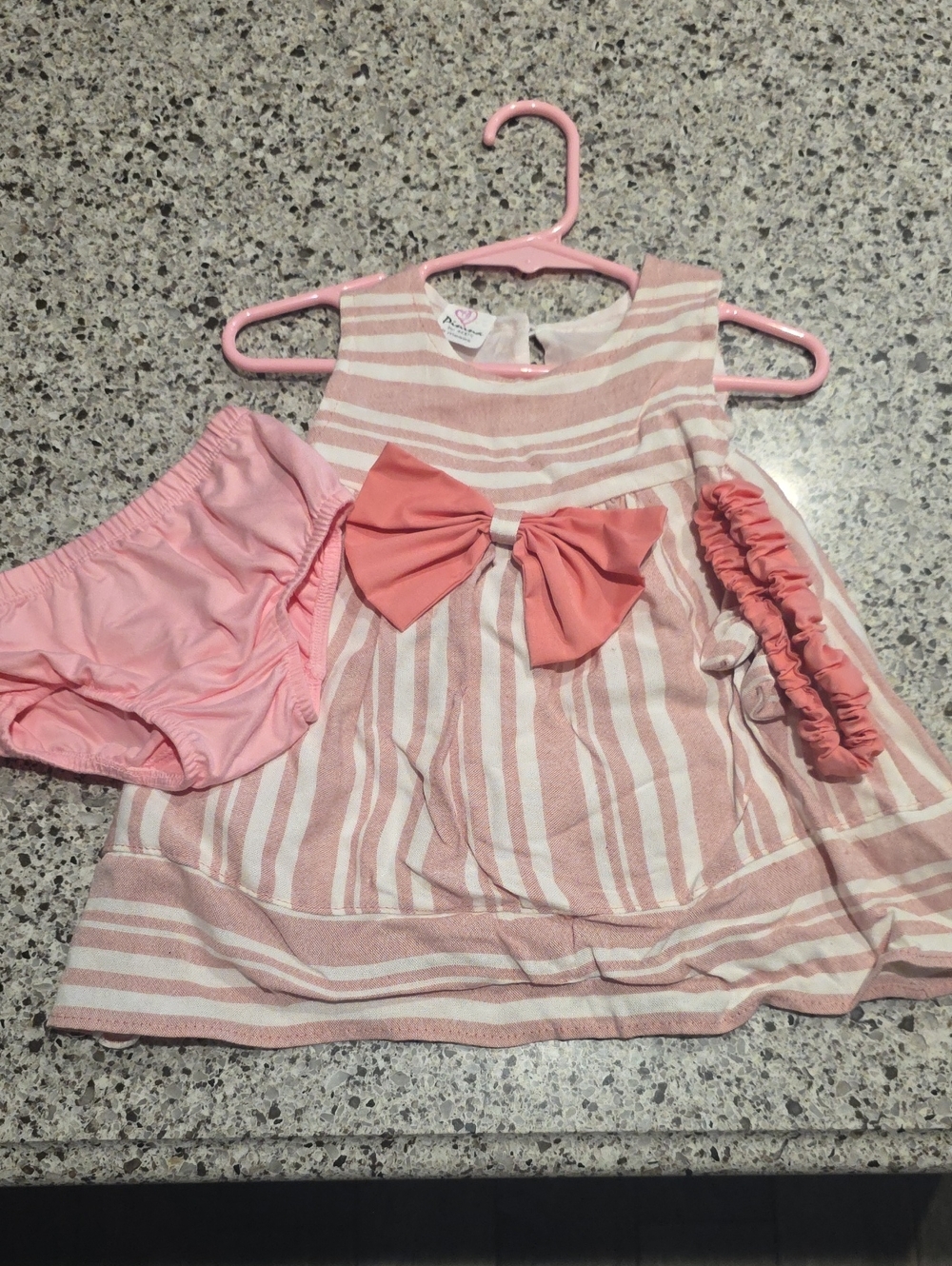 Pink Striped Baby Dress Set with Bow and Bloomers